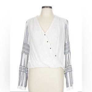 Veronica Beard White Silk Blouse with Black Patterned Sleeves